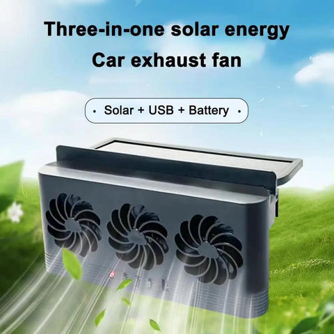 Solar Powered Car Exhaust Fan For Tesla Cybertruck Cabin Air Circulator with triple fan design, solar panel, and USB backup.