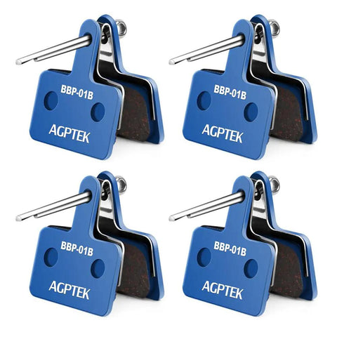 Semi-Metallic Bike Brake Pads Set For Mountain Disc Brakes 4 Pairs With Beefed-Up Copper And Kevlar Composite Low Noise Excellent Heat Dissipation Compatible With TRP Tektro Shimano Deore Brakes Blue, front view showing blue pads and metal components.