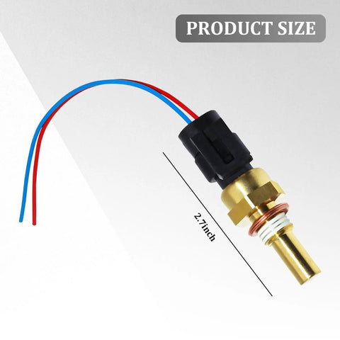 Sandfren coolant temperature sensor with connector harness; brass sensor body, red and blue wires, 2.7-inch length.
