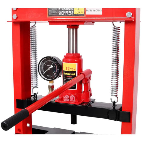 12 Ton Hydraulic Shop Press With Gauge Bottle Jack For Bending Straightening And Pressing Metal Components, red frame