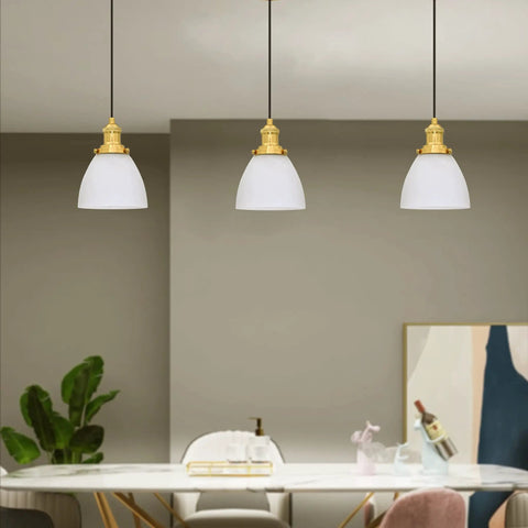 Three Pack Hanging Kitchen Island Pendant Lights In Gold With Frosted Glass Shade, 6.5 Inch Wide, Brushed Brass Finish, Dining Room