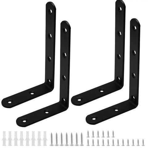 Beefy Heavy Duty Stainless Steel L Brackets For Shelves Set Of 4, L Shaped Corner Braces with screws and anchors, black finish.