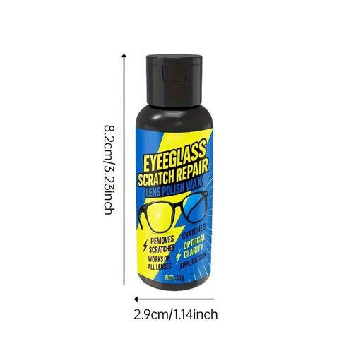 Eyeglass Scratch Remover Kit 30g bottle with label for lenses, sunglasses, mirrors, screens, phones, and car displays.