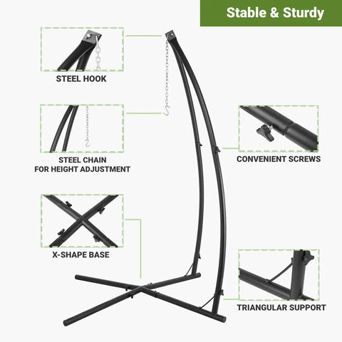 Heavy Duty Hammock Swing Stand With Solid Steel Construction, Easy Ten Minute Assembly, Includes Buckle And Spring Hook, Outdoor Or Indoor Use, 330 Lb Capacity, Sturdy C Frame Stand For Patio Deck Yard Or Porch