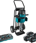 Badass Heavy Duty Eighty Volt Brushless Cordless Breaker Hammer With Seventy Foot Pounds Of Knockout Chisel Power And One One Eighth Inch Hex Shank Avt Anti Vibration Aws Compatible Demolition Kit Featuring Four Massive Eight Amp Hour Packs For Concrete on a cart with batteries and charger.