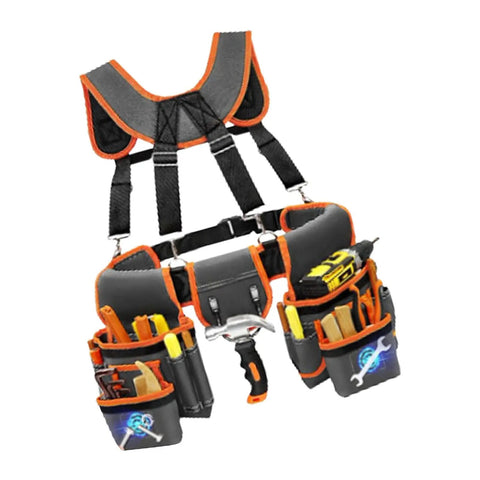 Heavy Duty Tool Belt With Double Layer Padded Suspenders Adjustable Straps Triple Stitched Oxford Fabric Hammer Pouch Organizer Rugged As Nails Equipment with tools in pockets