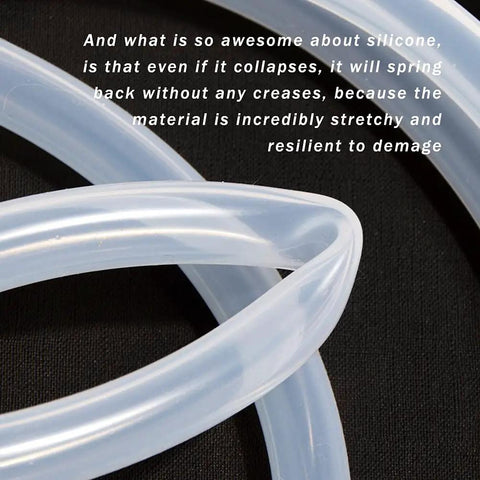 Close-up of Pure Silicone Tubing 6mm ID x 8mm OD High Temp Food Grade Hose showcasing flexibility on black background.