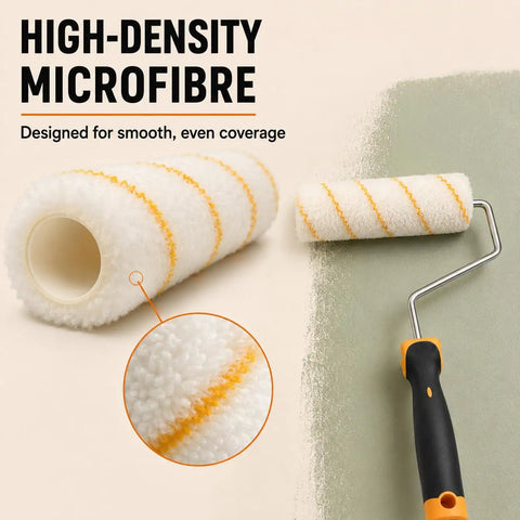 Top Shelf DIY Home Improvement Paint Roller Kit With Wired Cage Trays Sturdy Angled Brushes Nine And Four Inch Rollers Heavy Duty Masking Tape And Mixing Wand For Buttery Smooth Walls - high-density microfibre roller for smooth coverage.