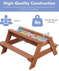 Kids 3-In-1 Sand And Water Table With Wood Outdoor Convertible Picnic Table Umbrella Two Trays Removable Top With Faucet in use