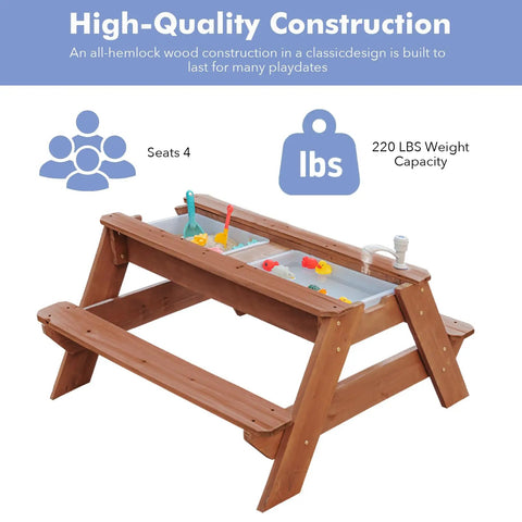 Kids 3-In-1 Sand And Water Table With Wood Outdoor Convertible Picnic Table Umbrella Two Trays Removable Top With Faucet in use
