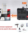 1500W Voltage Transformer Converter with appliances showing step up 110V to 220V capability, two outlet design