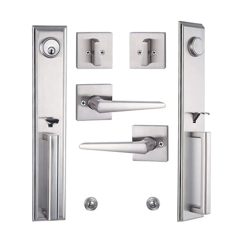 Silver Satin Nickel Front Entry Handleset With Keyed Lockset And Dummy Lever For French Doors, Model 2011SN.