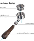 Exploded view of Bottomless 54mm Portafilter Naked For Breville Espresso Machines with filter basket and sandalwood handle.