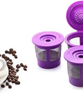 Purple reusable K Cups for Keurig K Mini Series with adapter shown with coffee cup, 3 pack refillable pods and universal holder.