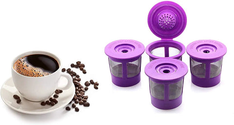 Purple reusable K Cups for Keurig K Mini Series with adapter shown with coffee cup, 3 pack refillable pods and universal holder.