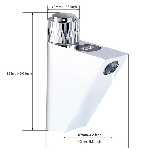 Digital Temperature Faucet For Single Hole Bathrooms With LED Temperature Display And Memory Control, dimensions shown
