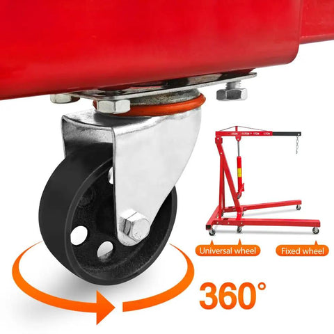 Close-up of the 360° swivel wheel on Drop Dead Tough 2 Ton Folding Hydraulic Engine Hoist with iron casing for durability.
