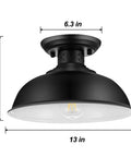 Industrial Semi Flush Mount Ceiling Light Matte Black Farmhouse Fixture 13 Inch E26 Socket with dimensions shown