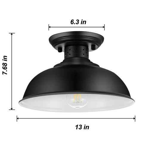Industrial Semi Flush Mount Ceiling Light Matte Black Farmhouse Fixture 13 Inch E26 Socket with dimensions shown