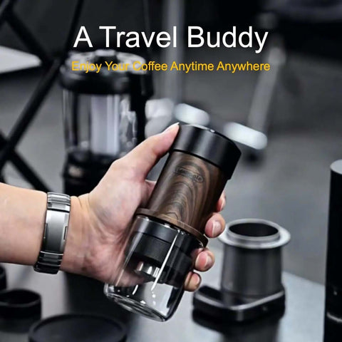Manual Espresso Maker For On The Go Portable Coffee Machine With 2 In 1 Bottomless Portafilter in hand, stainless steel with 80ml tank