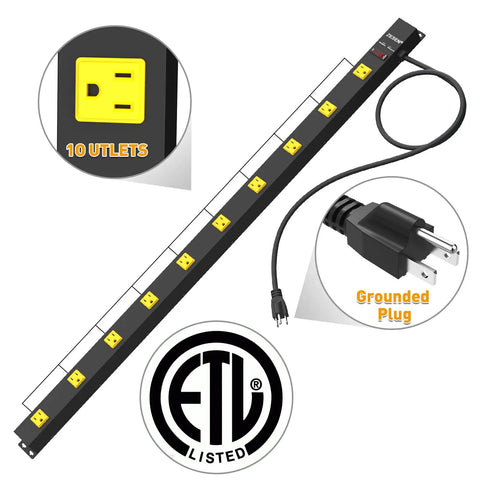 10 Outlet Long Power Strip With Wide Spaced Outlets, Built Tough Metal Power Bar For Workbench, Garage And Shop Use, 4Ft Cord, 15A Overload Protection, 2100 Joules Surge Protection, ETL Listed, Black in packaging with grounded plug visible.