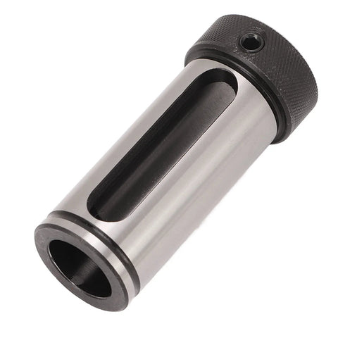 Morse taper drill sleeve adapter, reducing, fits MTA1–MTA4; steel body with black knurled end (side view)