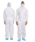 Front and back view of a model wearing Three Pack X Large Disposable Hazmat Paint Suits With Hood And Elastic Wrists For Heavy Duty Workwear.