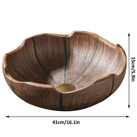 Straight Up Ceramic Vessel Sink Retro Above Counter Bathroom Vanity Washbasin With Pop Up Drain, 41cm, brown, floral design.