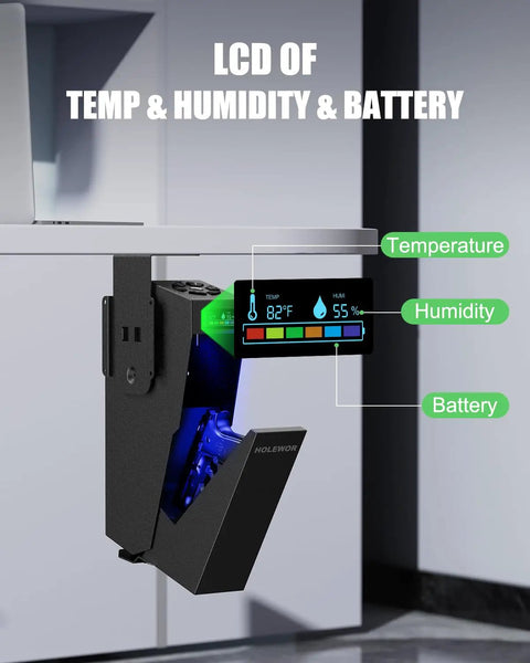 Slick Drop Down Biometric Gun Safe Featuring Lcd Temperature And Humidity Display showing temperature, humidity, and battery level.