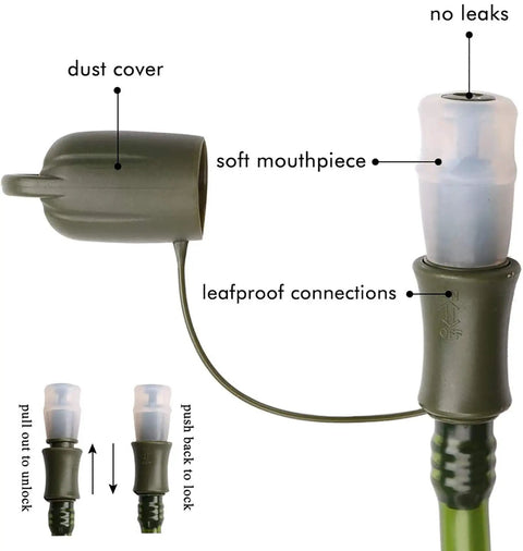 Close-up of mouthpiece and dust cover of 2L Hydration Bladder For Hiking Backpacks And Running Gear BPA Free Leak Proof Water Reservoir