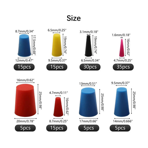 Solid Silicone Rubber Tapered Plugs Assortment Kit 125 Piece Heavy Duty Stopper Set For Painting Oiling And Hydraulic Impregnation Tasks That Hold Up To Heat And Wear Without Flaking Or Shrinking Out There, size chart
