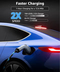 Portable Level 1 And Level 2 EV Charger With 240V 16A Output 20 Foot Cable in use charging a blue electric car