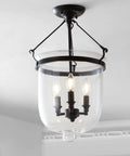 Oil Rubbed Bronze 14.5 Inch Three Light Iron And Glass Semi Flush Mount Ceiling Light With LED Bulbs Included For Entryway And Bedroom Transitional French Country Farmhouse Style Dope Accent Fixture with visible glass shade and bronze finish.