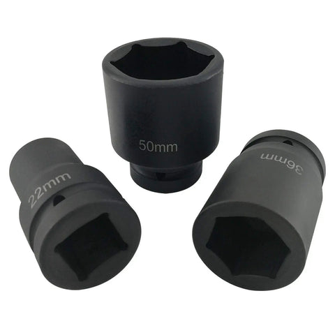 Three sockets from One Inch Drive Deep Impact Socket Set In Metric Cr V Steel, 6 Point, 22Mm To 50Mm, 10 Piece High Torque Sockets