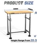 Beefy Heavy Duty Adjustable Height Workbench 32 By 18 Inch With Rubber Wood Top 1500 Lbs Load Capacity front view with size details