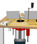 Tough Guy Badass Electric Router Lift Kit with Hefty Aluminum Alloy Table Insert Plate mounted on router table with adjustable components.