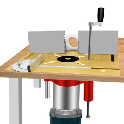 Tough Guy Badass Electric Router Lift Kit with Hefty Aluminum Alloy Table Insert Plate mounted on router table with adjustable components.