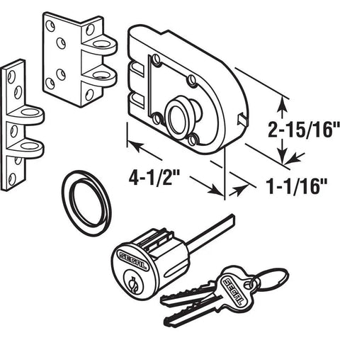 Diagram of Jimmy-Proof Deadbolt With Solid Bronze Alloy And Brushed Brass Finish, includes dimensions and components.