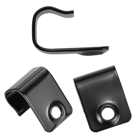 Pro Grade 304 Stainless Steel Deck Starter Clip System Featuring 50 Durable Hidden Fasteners Plus 52 All Weather Decking Screws Complete Hardware Bundle For Smooth Finish Wood Composite Decks Covering 400 Sq Ft showing three black clips.