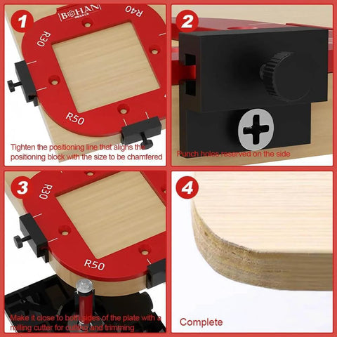 Step-by-step guide using Pro Grade Aluminum Router Corner Radius Template Set With Eight Radius Sizes R10 To R50 for woodworking.