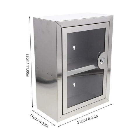 Locking Wall Mounted Stainless Steel Storage Box With Double Layer Design, See Through Door, front view, dimensions shown.