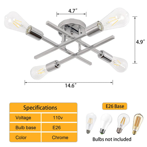 Semi Flush Mount 4 Light Sputnik Chandelier with E26 Base, chrome finish, size specifications, modern rustic ceiling light design.
