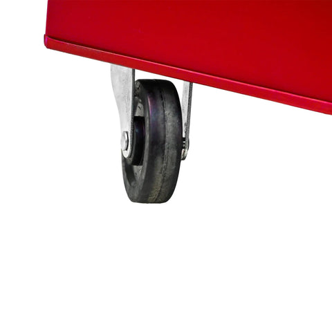 Close-up of heavy duty steel rolling tool chest caster wheel, showcasing durability for easy movement in garage organization.