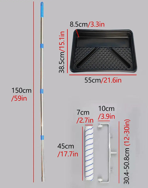 Premium 18 Inch Paint Roller Kit Featuring Adjustable Frame, Quick Drain Tray, And Extendable Five Foot Pole For Smashing Through Wall And Ceiling Jobs With A Frictionless Smooth Coat Daily, showing roller, tray, and pole dimensions.