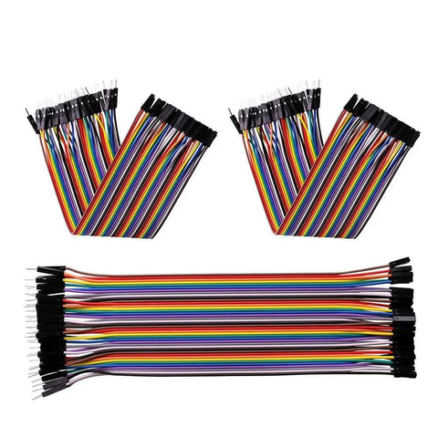 Multicolored Dupont Jumper Wire Kit 120Pcs 8-Inch Cables showing male-to-female and male-to-male connections for Arduino projects