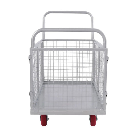 4 In 1 Beefy Heavy Duty Platform Cart With Cage 40 By 24 Inches 440 Lb Capacity Foldable Steel Hand Cart with mesh sides and red casters