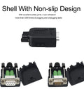DB9 Solderless Breakout Connector Set - RS232 D-Sub 9-Pin Male and Female Adapters with non-slip shell design, front view.