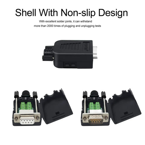 DB9 Solderless Breakout Connector Set - RS232 D-Sub 9-Pin Male and Female Adapters with non-slip shell design, front view.