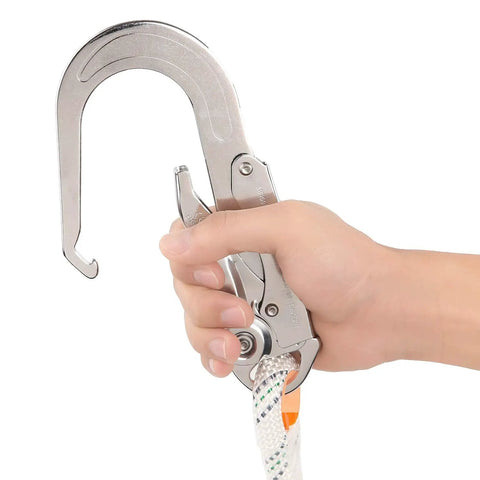 Hand holding hook of Fall Protection Safety Harness With Internal Shock Absorbing Lanyard And Hook, OSHA And ANSI Certified