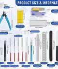 28 Piece Model Tools Kit For Hobby Builders, Essential DIY Craft Set For Cars, Airplanes, Buildings, Robots And Gundam Plastic Models, Quick Repairs And Fine Detailing For Beginners And Pros showing product size and tools
